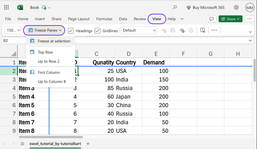 Example 1: Freezing the First Row and First Column